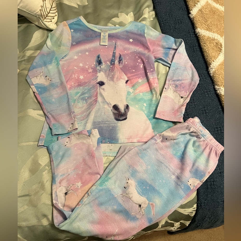 The children’s place pajama set unicorn rainbow medium 7/8 girls
